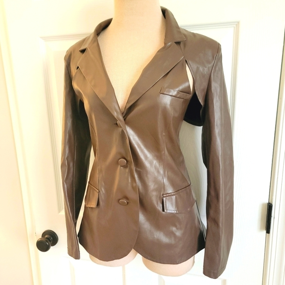 Cider Brown Faux Leather Cutout Blazer